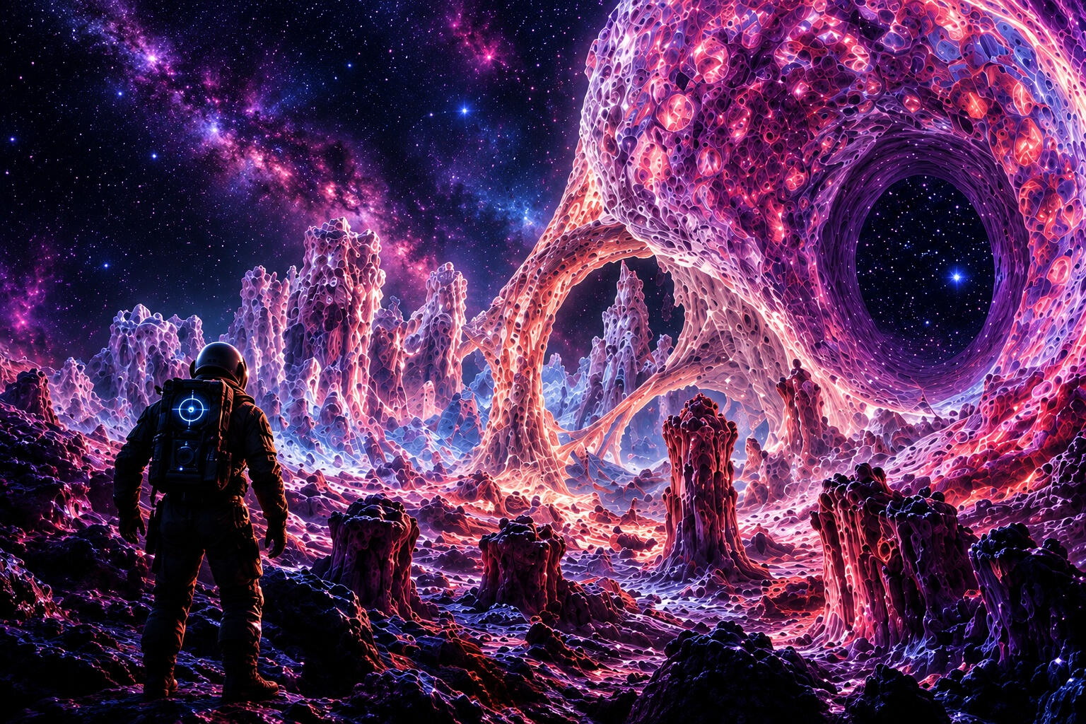 An explorer faces a vast pink and violet biological portal in the Micron Universe, a cinematic interpretation of microscopic human tissue.