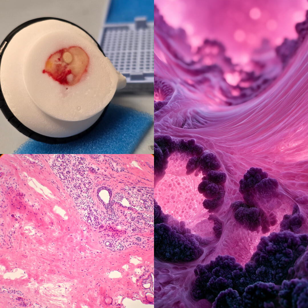 Specimen 077, Infiltration: a nipple frozen-section specimen and H&E microscopy paired with a cinematic pink fibrous landscape and dark violet clusters.