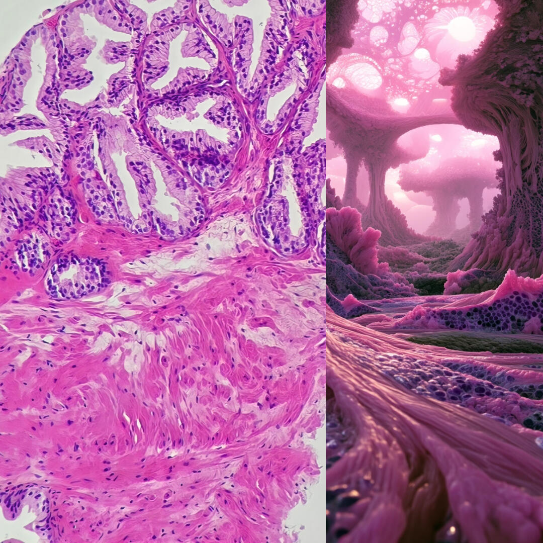 Specimen 079, Prostate Biopsy: pink and violet prostate microscopy beside its cinematic interpretation as a biological cavern with towering arches.