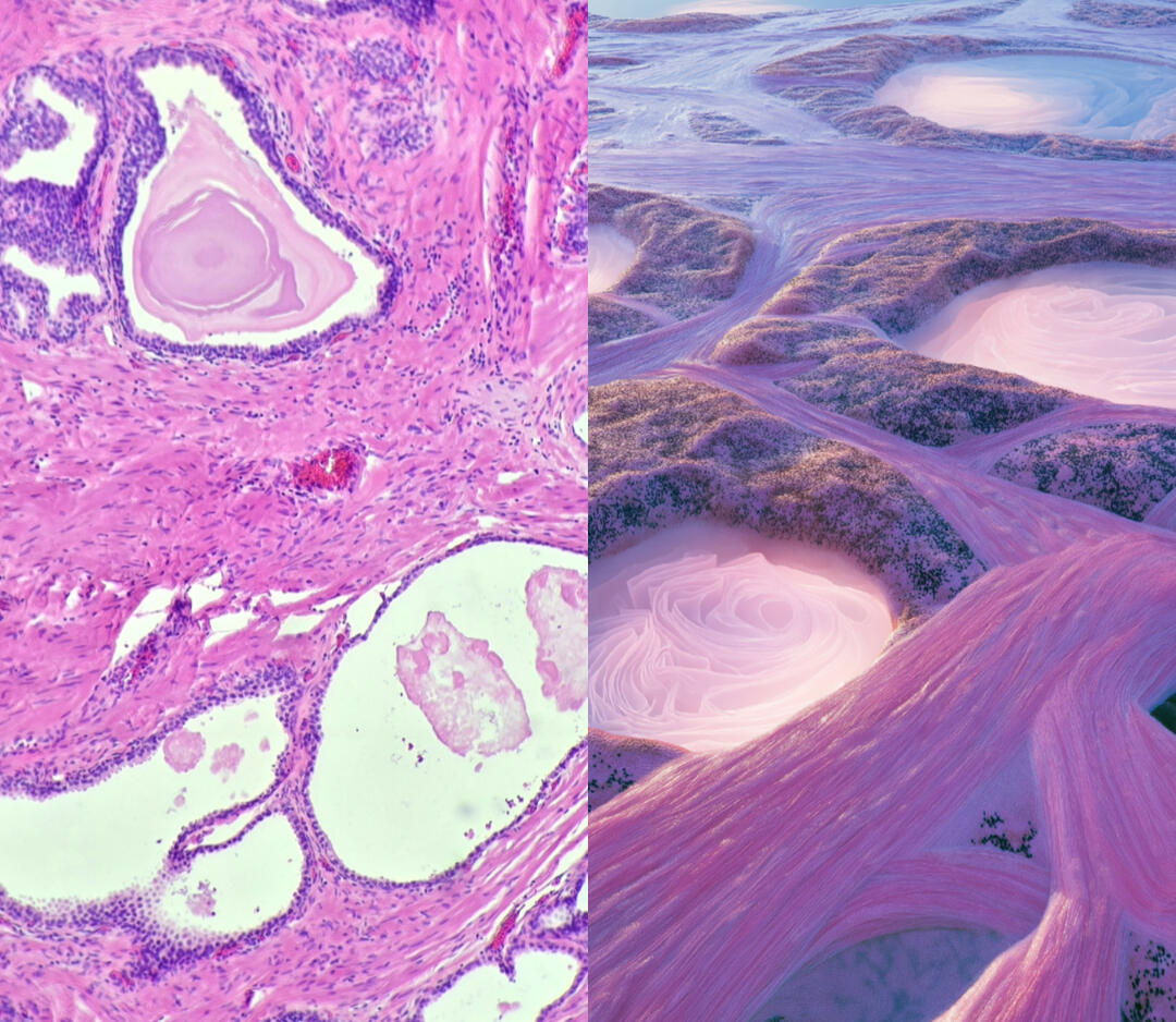 Specimen 080, Prostate Gland: microscopy paired with a cinematic landscape of pale pink glandular basins and flowing violet tissue ridges.