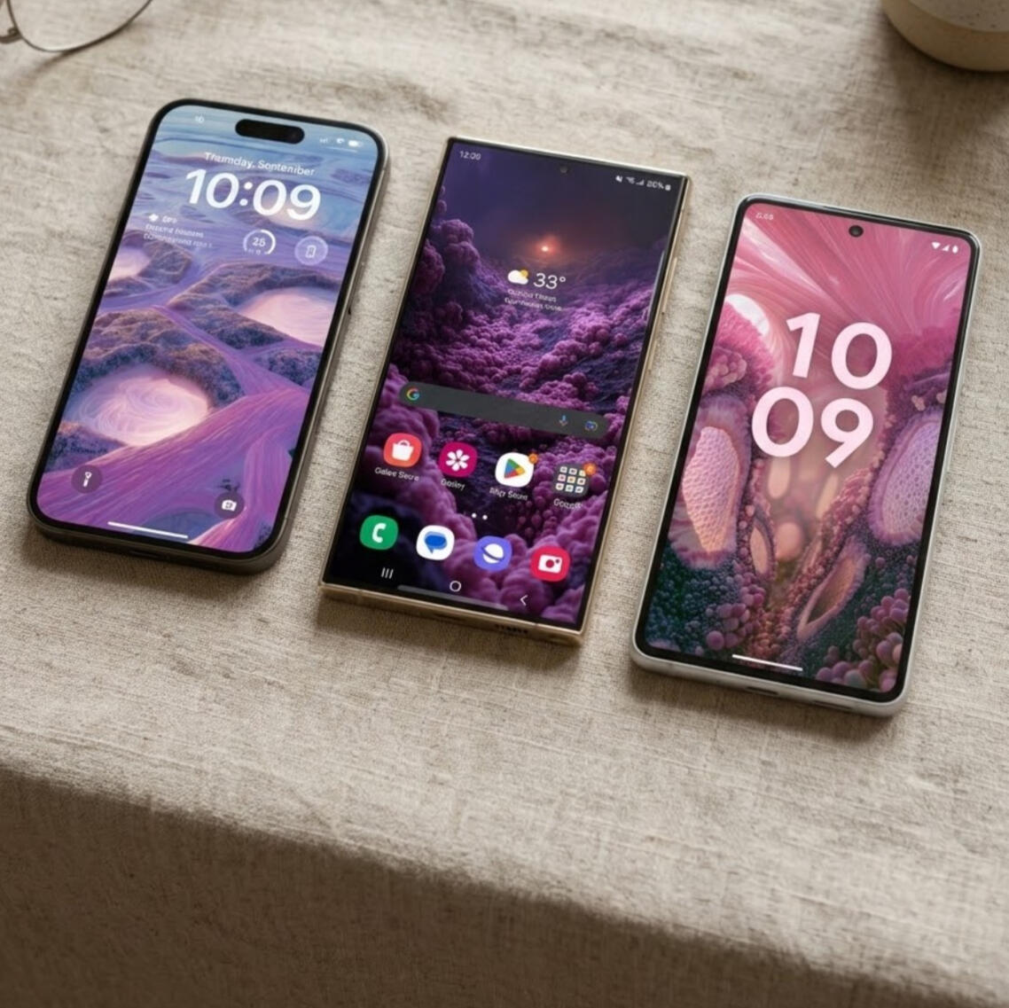 Worlds Within Collection 001 preview: three phones displaying the prostate gland, leukemia-inspired planet and colon artworks as wallpapers.
